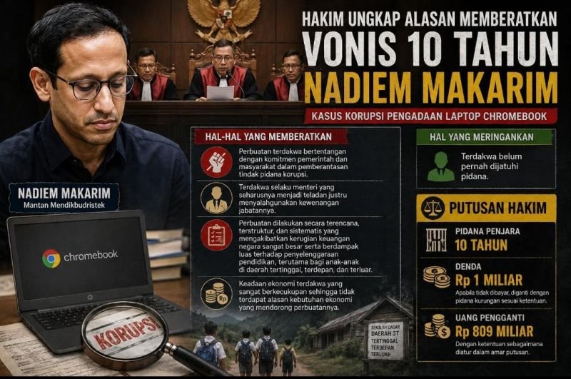 Gambar HAKIM NILAI KORUPSI CHROMEBOOK DILAKUKAN SECARA TERENCANA, NADIEM DIVONIS 10 TAHUN PENJARA - nadiem divonis tahun p...