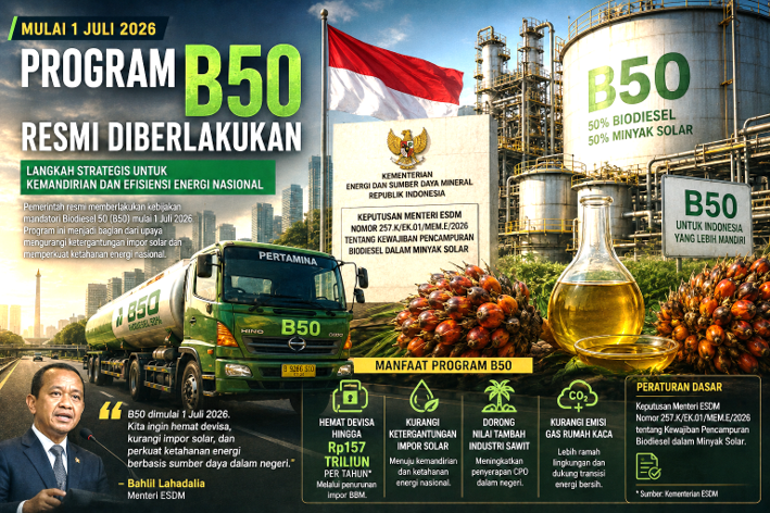 Gambar Resmi Berlaku 1 Juli 2026, Program B50 Dimulai: Pemerintah Bidik Kemandirian Energi dan Hentikan Impor Solar - prog...
